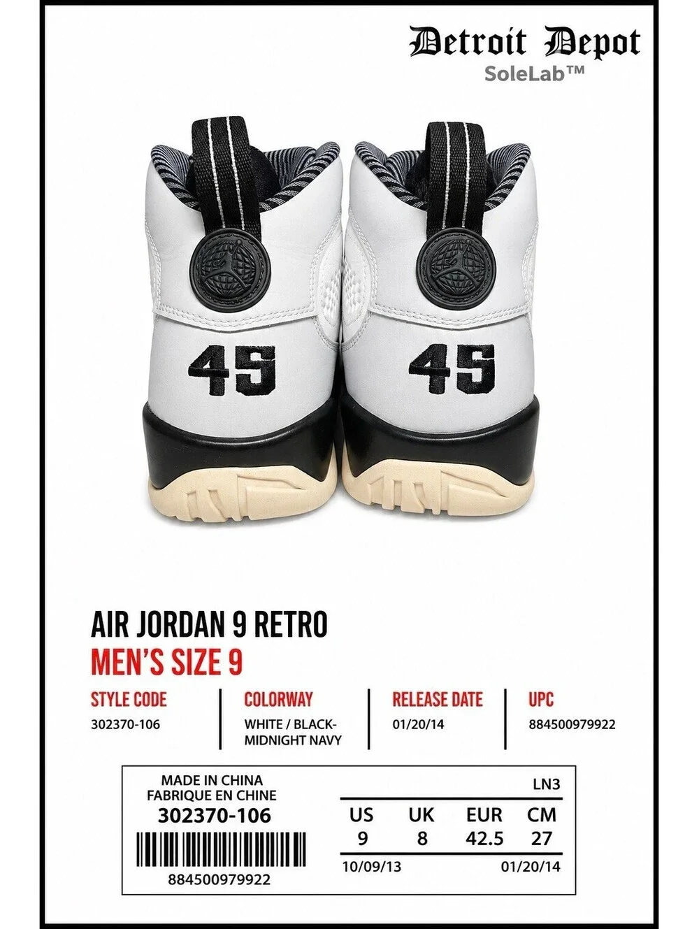 Nike Air Jordan 9 Retro Barons 2014 White Black 302370-106 Men’s Size 9
